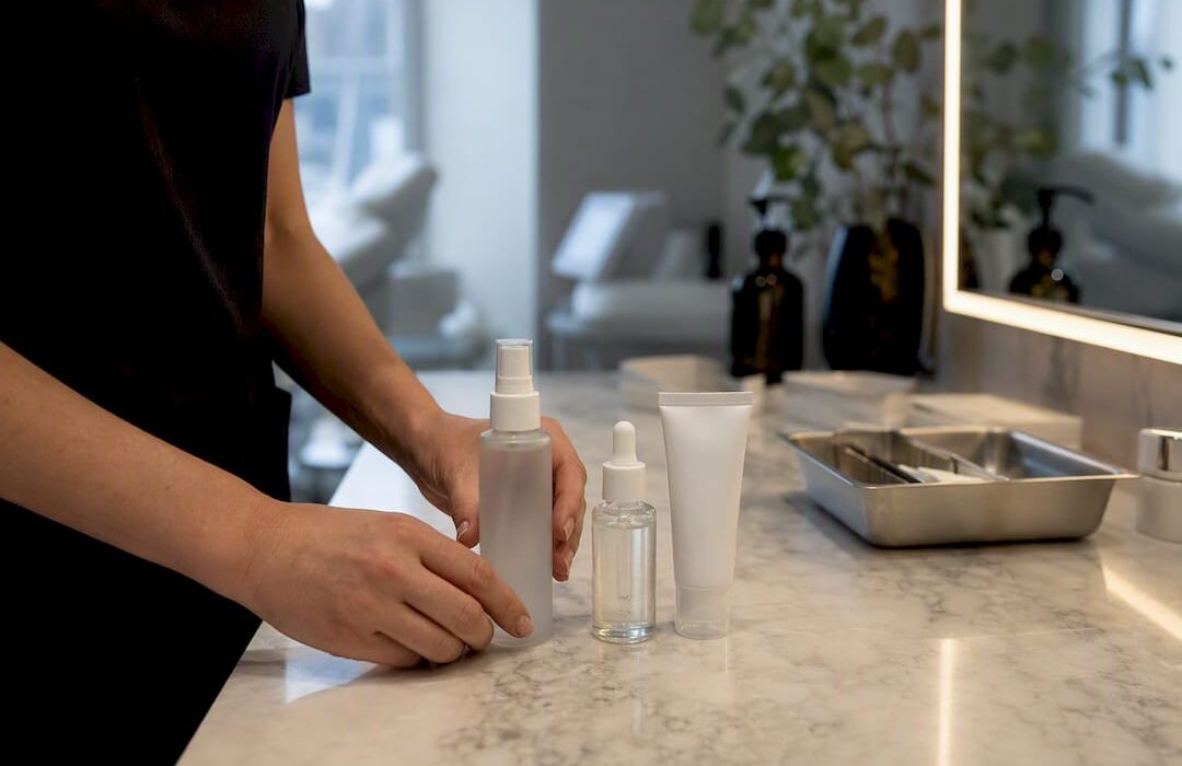 Skincare products arranged for microneedling prep