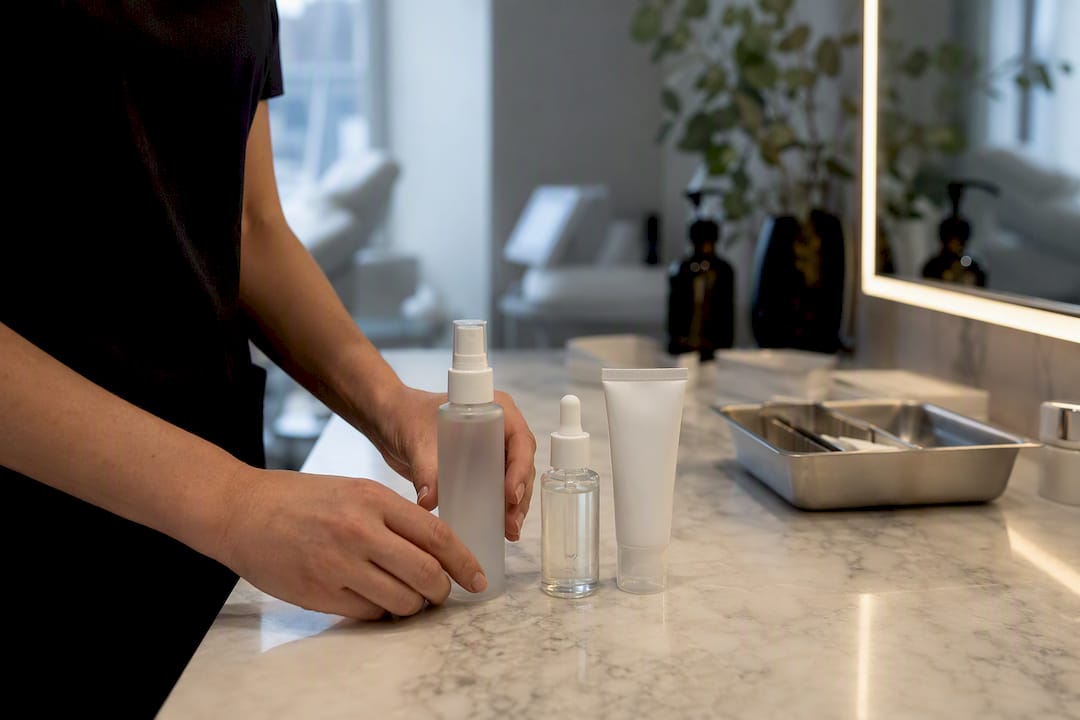 Skincare products arranged for microneedling prep