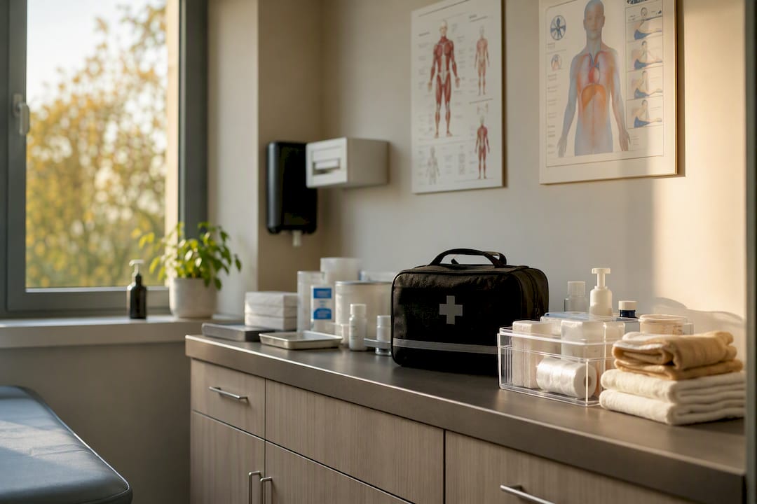 Emergency care items on clinic counter