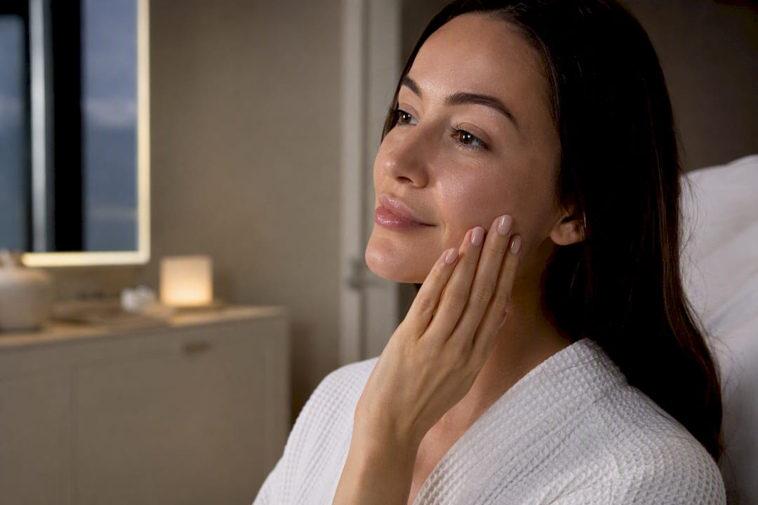 Woman touching hydrated skin on cheek