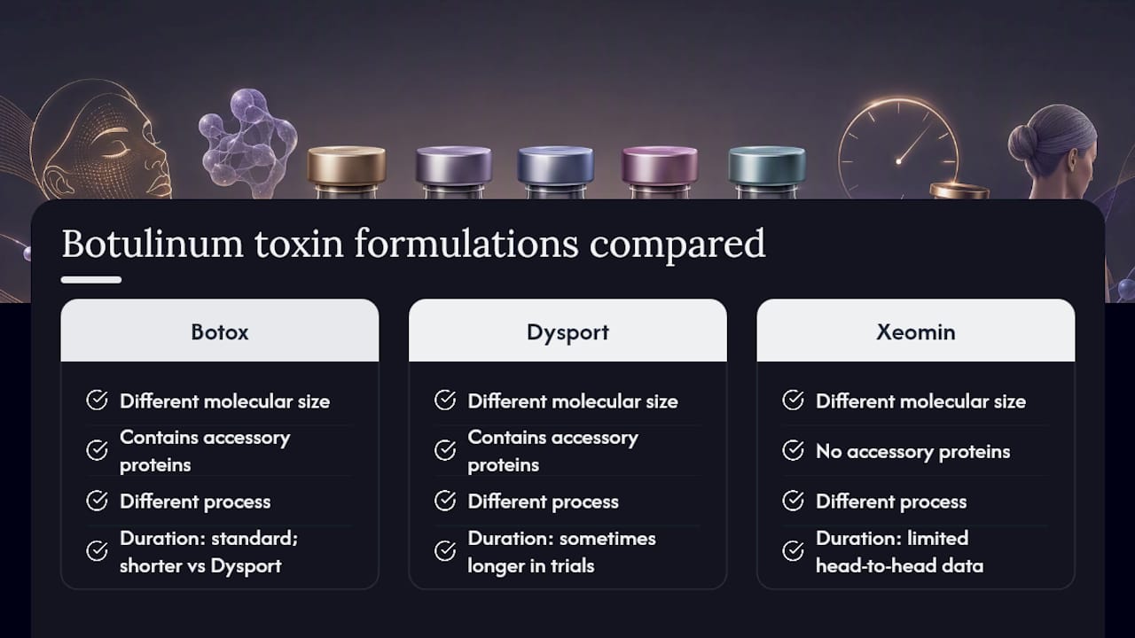 Diagram comparing Botox, Dysport, and Xeomin properties