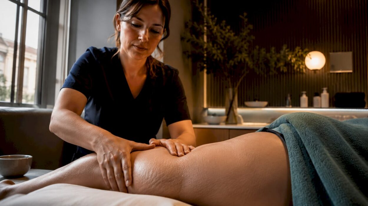 Therapist performing lymphatic drainage on thigh