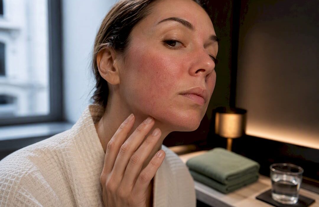 Client with normal post-microneedling facial redness