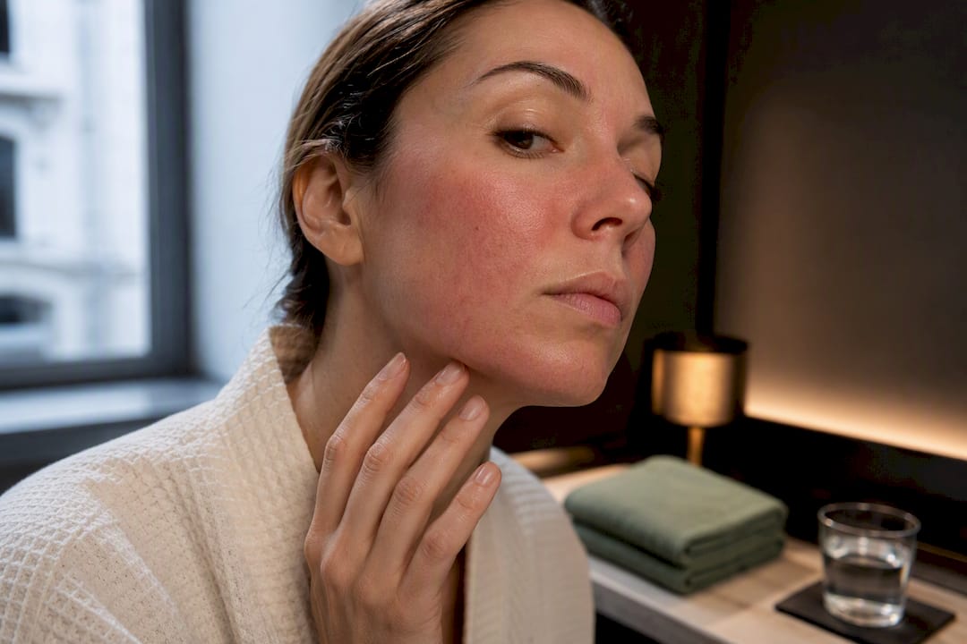 Client with normal post-microneedling facial redness