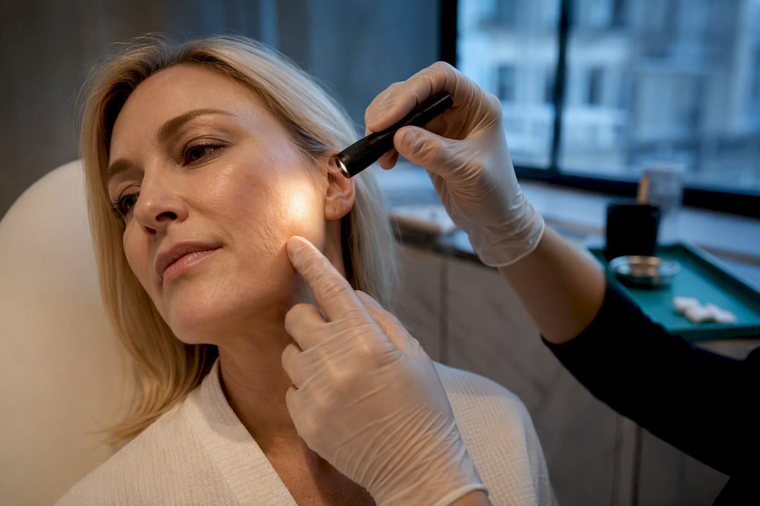 Clinician assessing facial skin after filler