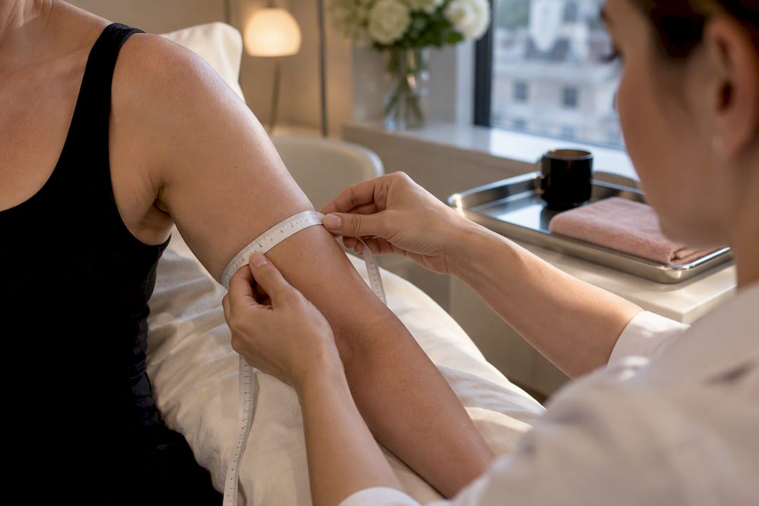 Clinician measuring adult upper arm circumference