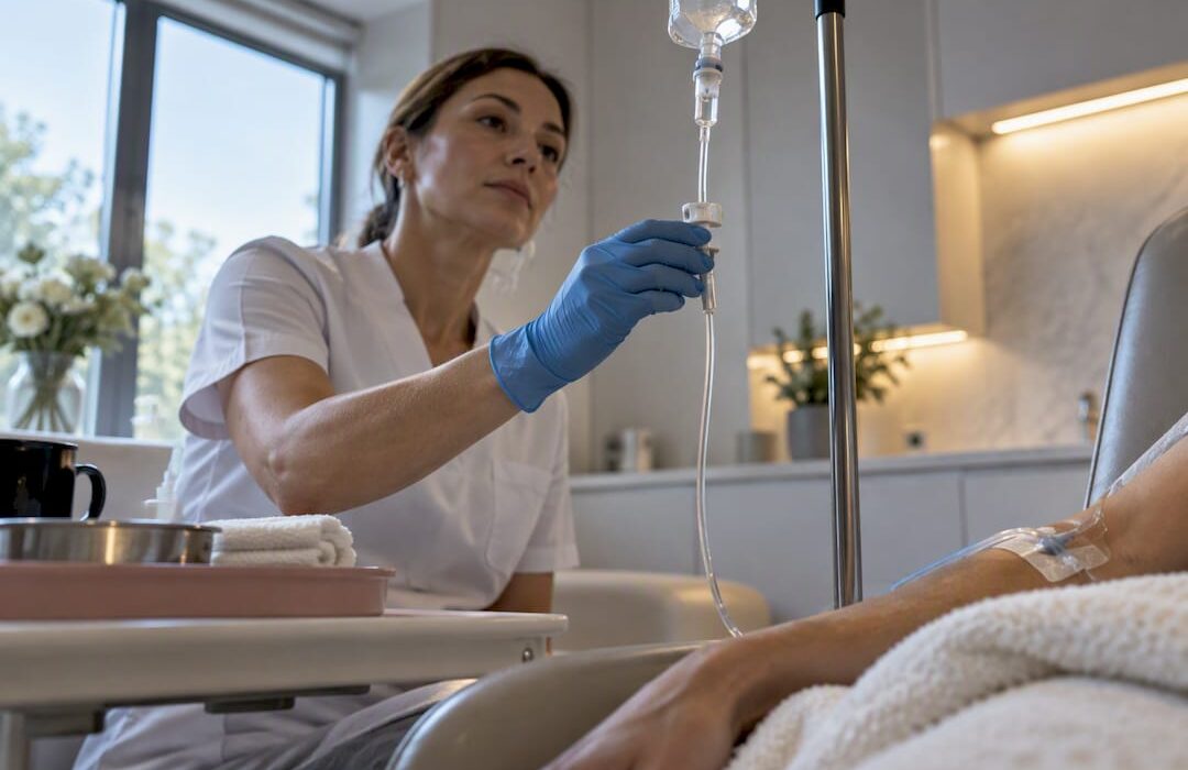 Clinician monitoring an anonymous IV infusion
