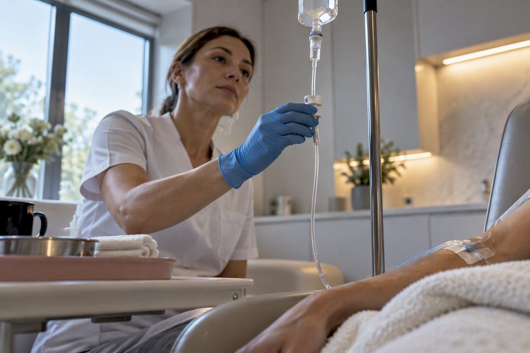 Clinician monitoring an anonymous IV infusion