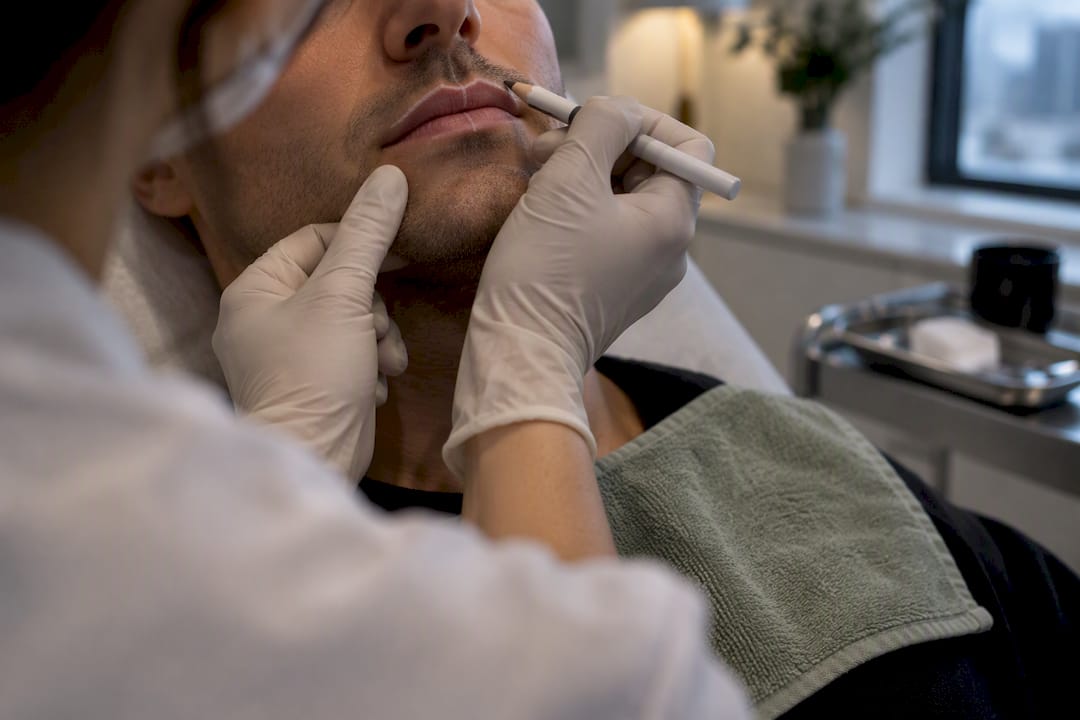 Male patient receiving subtle lip treatment