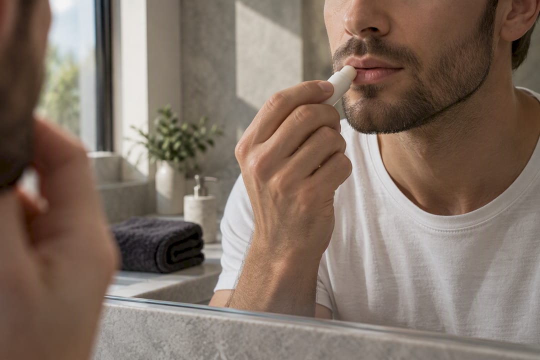 Man applying SPF lip balm after treatment