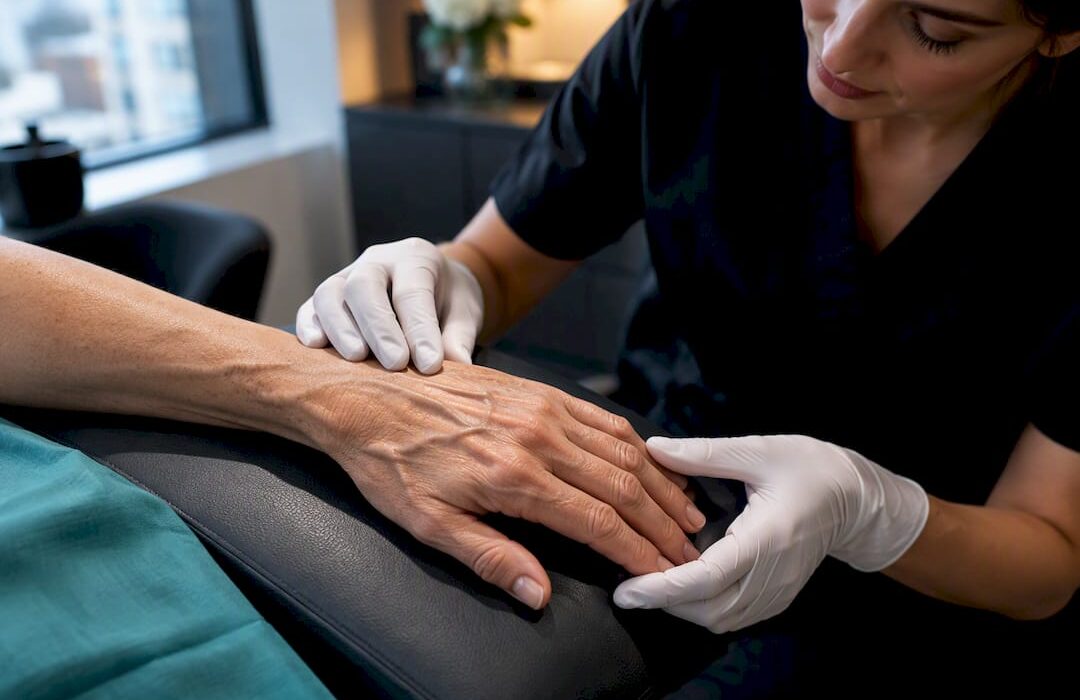 Clinician assessing dorsal hand ageing