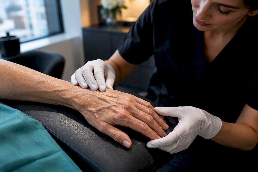 Clinician assessing dorsal hand ageing
