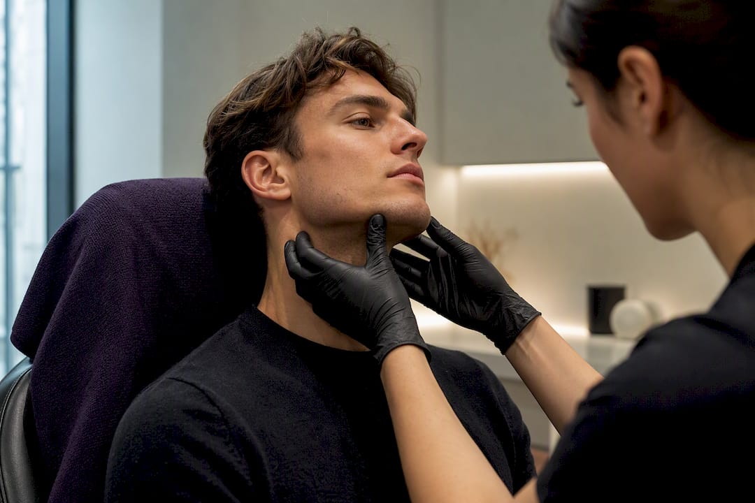 Clinician assessing male jawline contour