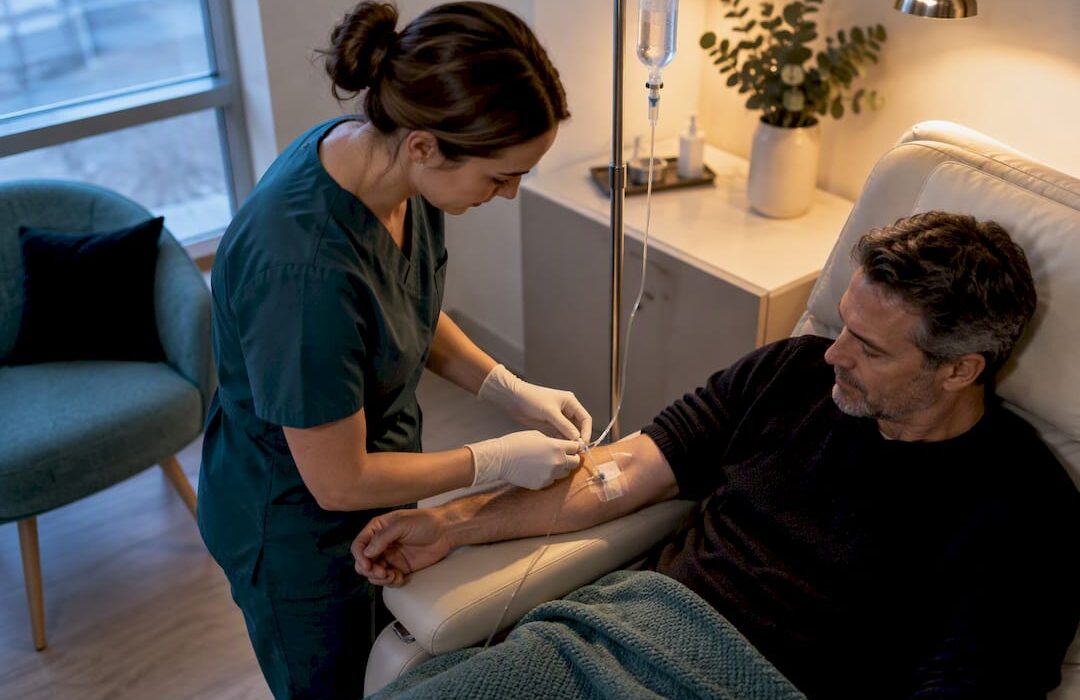 Clinician monitoring a medical IV infusion