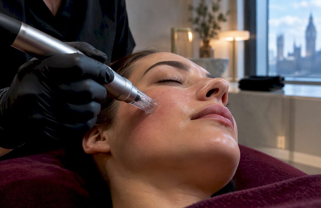 Clinician performing microneedling on cheek