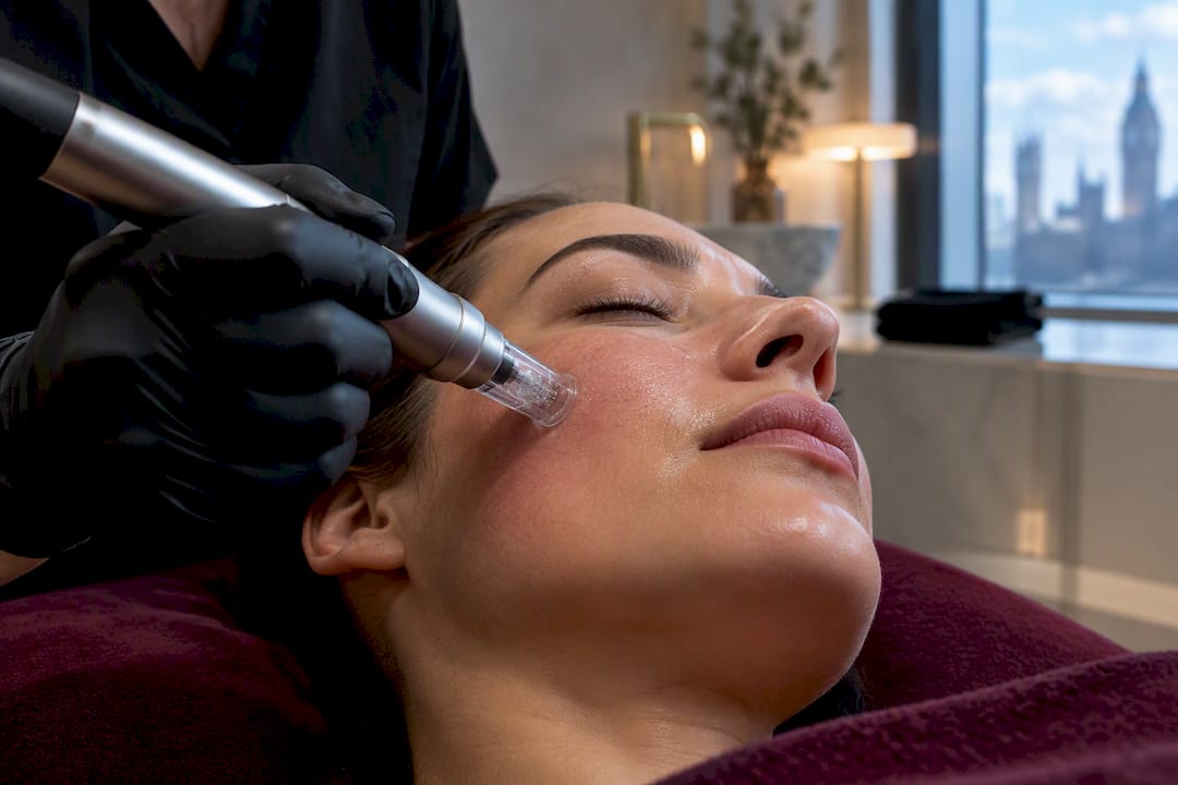 Clinician performing microneedling on cheek
