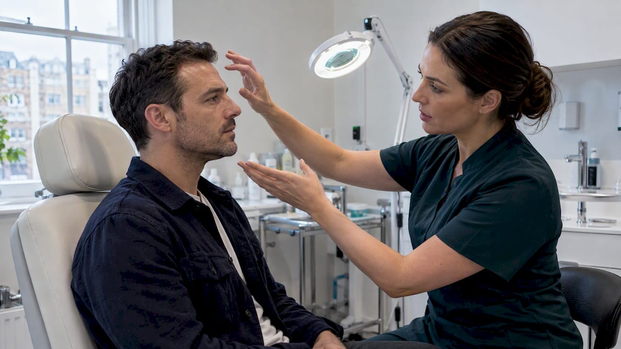 Man discussing skin rejuvenation treatment options
