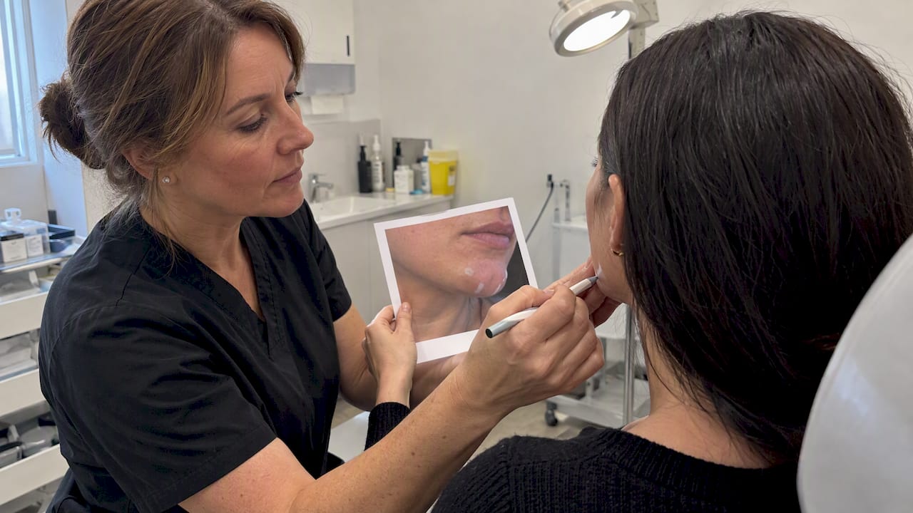 Clinician mapping Botox points on patient’s chin
