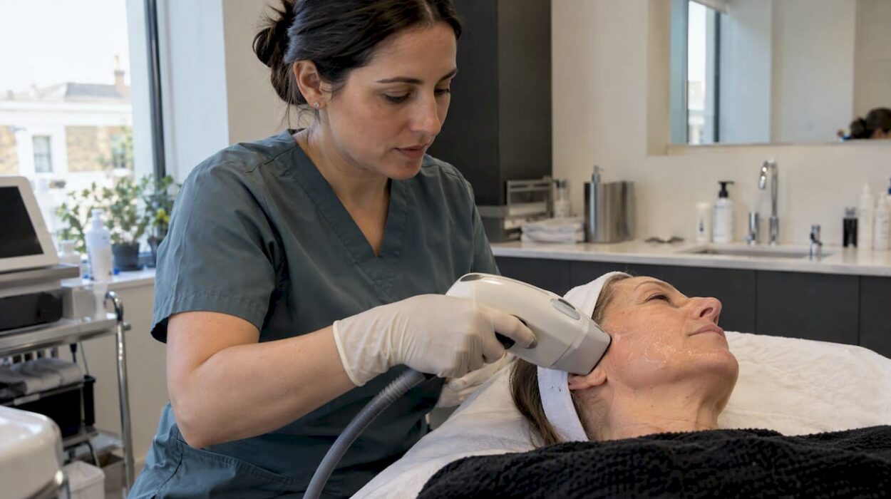 Clinician performing non-surgical ultrasound skin tightening