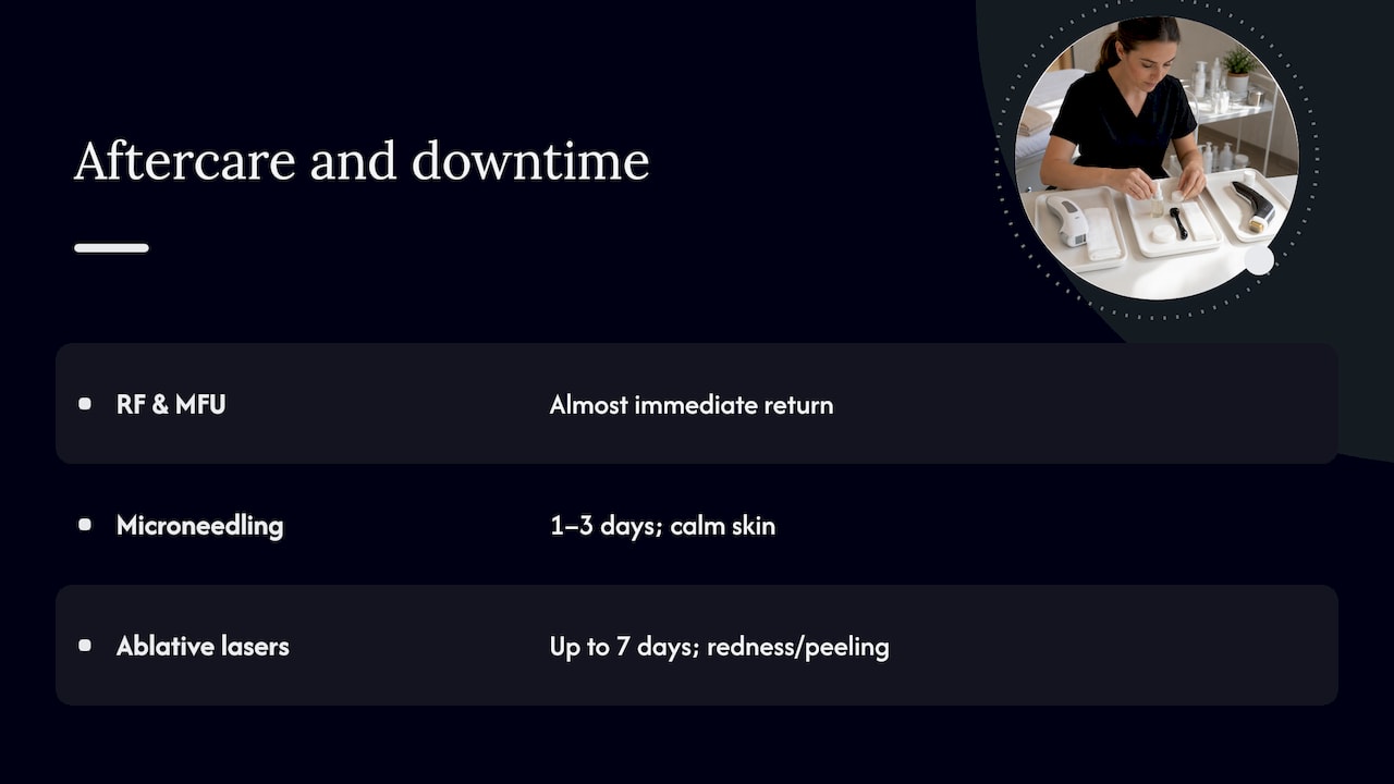 Aftercare, side effects and downtime by treatment — overview diagram