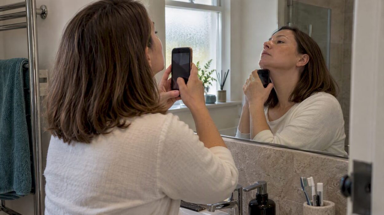 Patient checking chin swelling in mirror