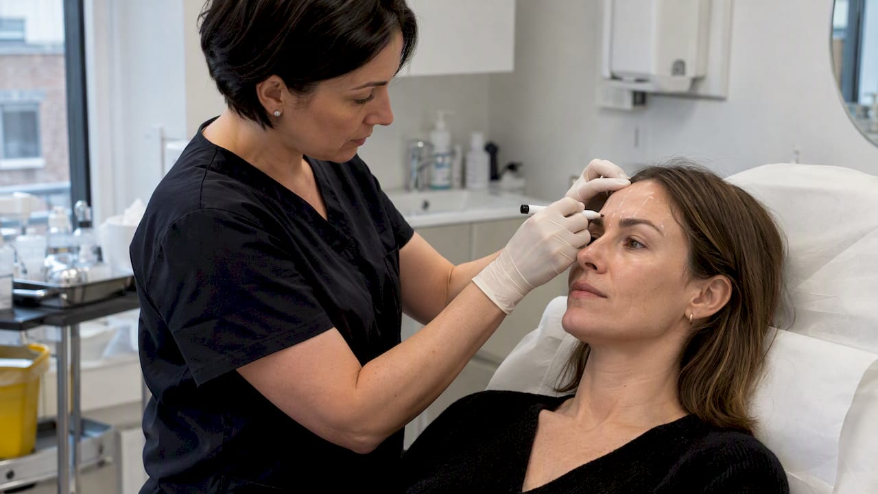 Clinician planning facial injection areas with client
