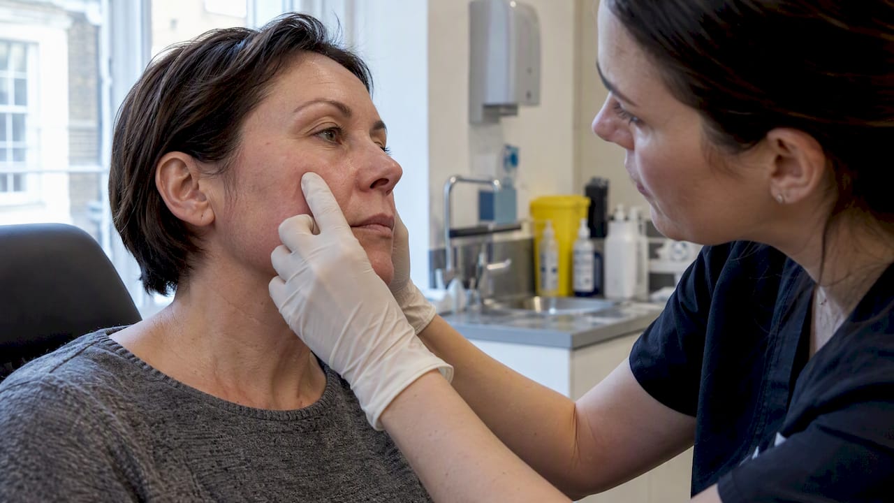 Clinician checking cheek skin colour and refill