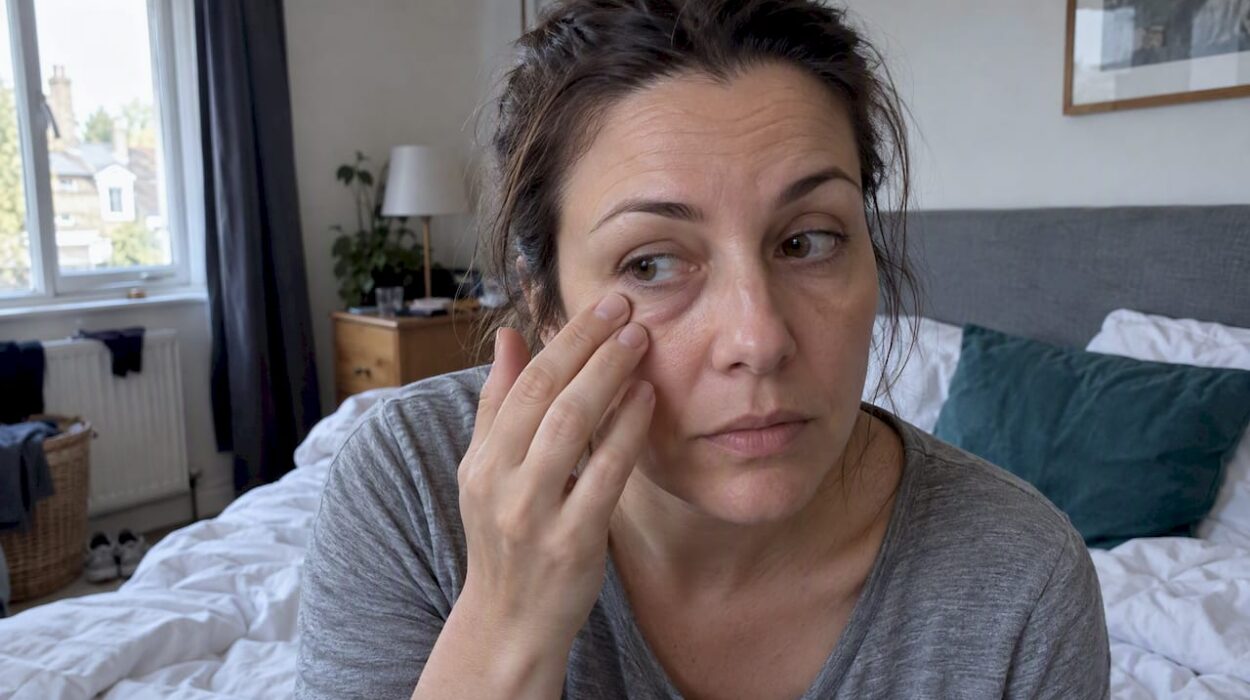 Woman checking mild under-eye swelling at home
