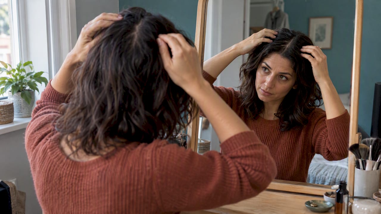 Woman checking diffuse hair thinning in mirror