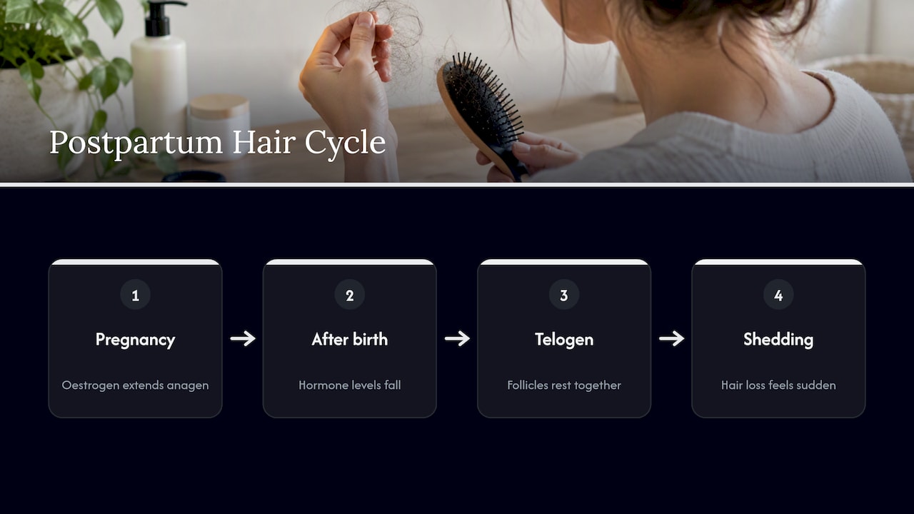 Postpartum hormone shift and hair shedding sequence