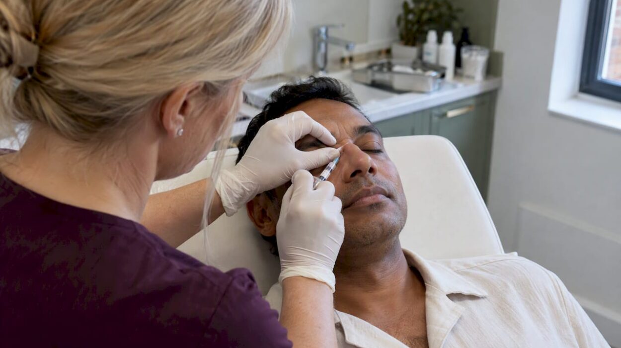 Practitioner administering nose filler in clinic