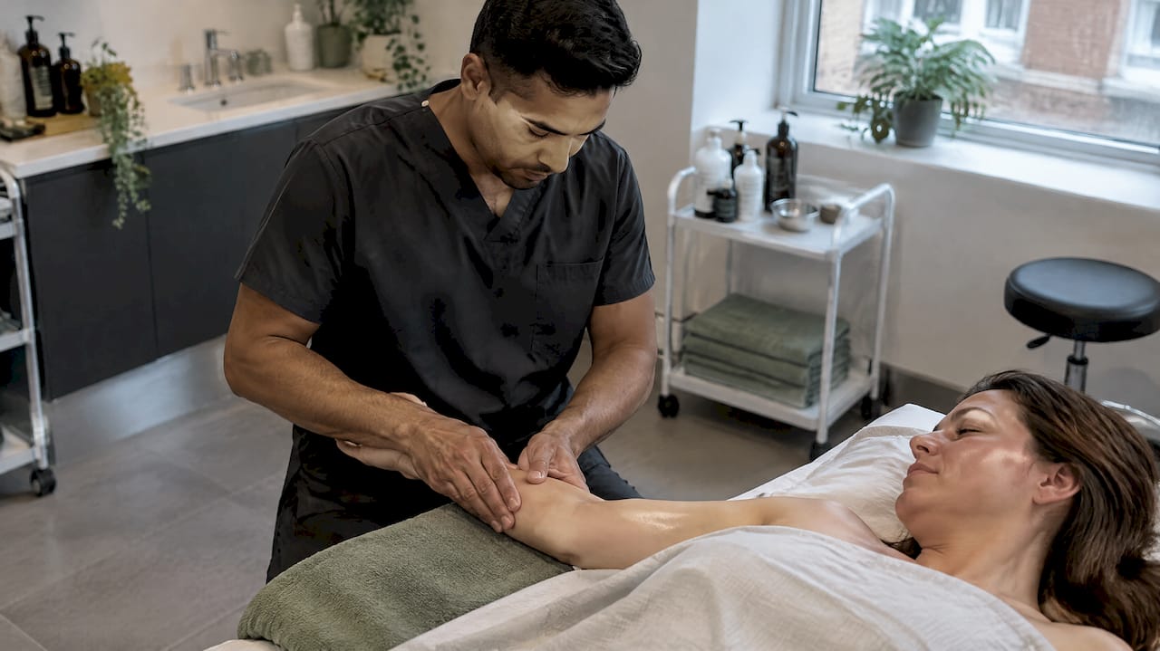 Therapist performing gentle forearm lymphatic drainage
