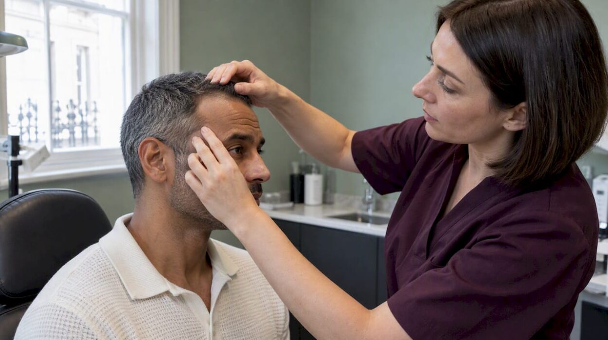 Clinician examining a man’s receding temple hairline