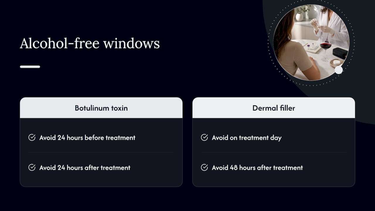 Alcohol-free timing around toxin and filler treatments